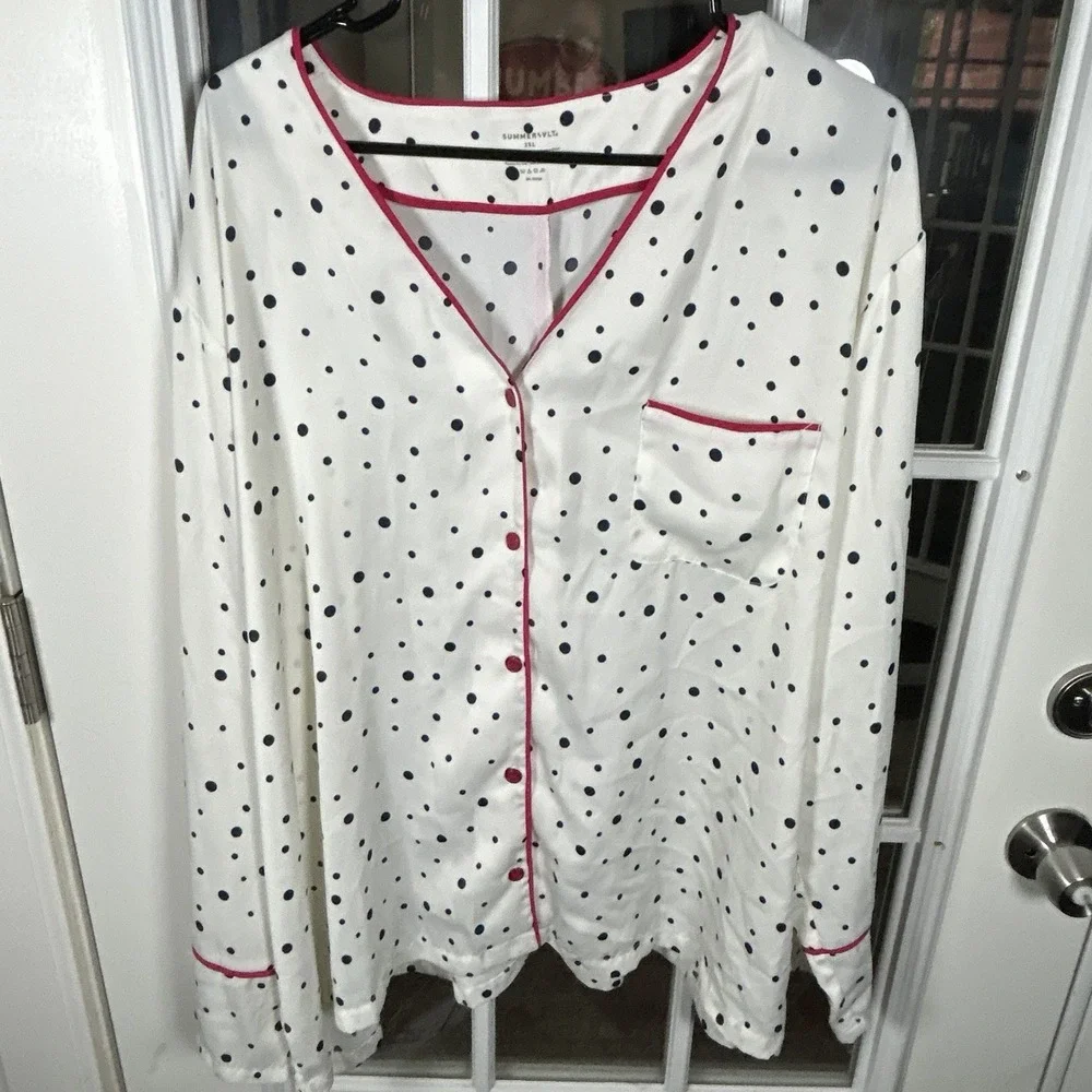 Summersalt‎ Polka Dot Satin Pajama Set White Navy Pink Piping 2XL Loungewear